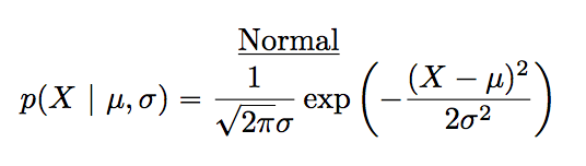 The normal distribution probability density formula: p(X | mu, sigma) equals one over sigma times the square root of two pi, times e to the power of minus (X minus mu) squared over two sigma squared.
