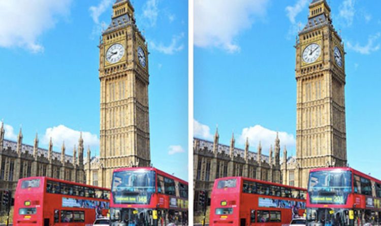 Two nearly identical side-by-side photographs of Big Ben and red double-decker buses on a London street, used for a spot-the-differences task. A few small details differ between the two versions, such as the route number displayed on the front of one bus.