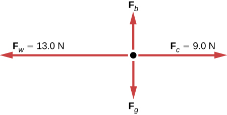A free-body diagram illustrating four forces acting on a central point. Fw (13.0 N) points left, Fc (9.0 N) points right, Fb points upward, and Fg points downward.