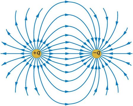 The electric force field between a positively charged particle and a negatively charged particle. Electric field lines start from the positive charge and end at the negative charge, and each line is represented as a curved arrow.
