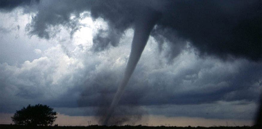 A large, dark tornado funnel extends from ominous storm clouds down to the ground, with a single tree silhouetted on the left against the dark horizon.