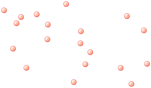 Spheres representing atoms and molecules; the spheres are relatively far apart and are distributed randomly.
