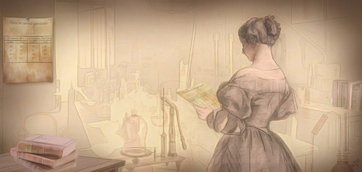A drawing of a person standing while holding a paper on which appear to be data tables. In the background are various instruments including flasks and pumps.