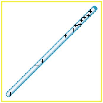 A positively charged rod with a concentration of positive charges near the top and a few in the middle.
