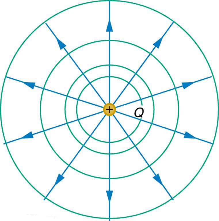 The figure shows a positive charge Q at the center of four concentric circles of increasing radii. The electric potential is the same along each of the circles, called equipotential lines. Straight lines representing electric field lines are drawn from the positive charge to intersect the circles at various points. The equipotential lines are perpendicular to the electric field lines.