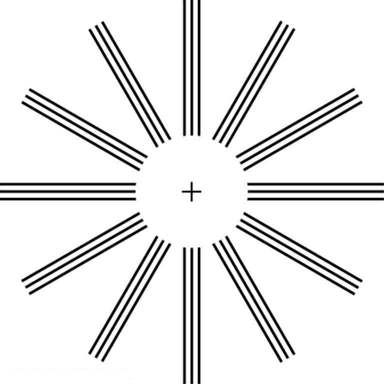 A circle without border and a cross sign in between. A wheel type structure is shown with parallel lines coming from the border of the circle.