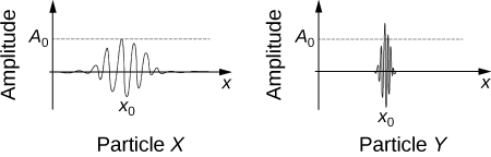 Two wave packets illustrate the Heisenberg Uncertainty Principle. Particle X has a wider position spread (less momentum uncertainty), while Particle Y has a narrow position spread (more momentum uncertainty).