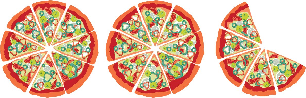 Two whole pizzas and 5 slices of a third pizza. The whole pizzas have 8 slices each.