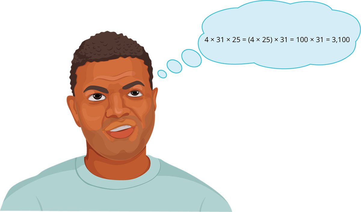 An illustration shows a man thinking about the equation 4 times 31 times 25 equals 4 times 25 times 31 equals 100 times 31 equals 3,100.