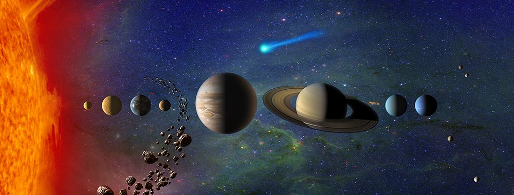 An illustration shows the solar system. The sun, Mercury, Venus, Earth, Mars, Jupiter, Saturn, Uranus, and Neptune are labeled.