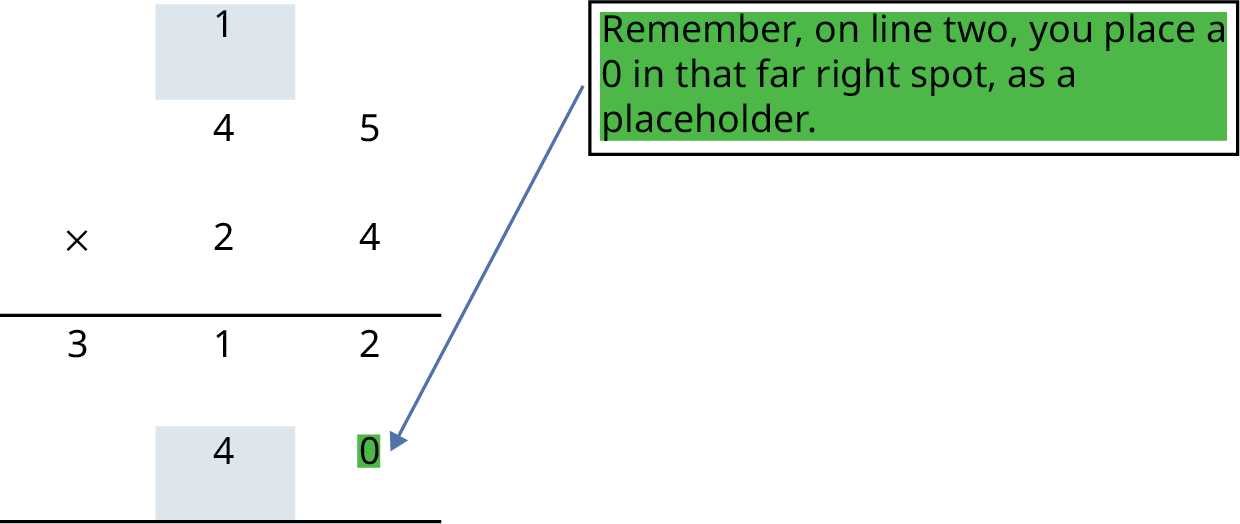 An equation, 45 times 24. Above the 4 in 45 is the carried 1. Below the equation are 312 and 40. A callout pointing to the 0 in 40 reads, Remember, on line two, you place a 0 in that far right spot, as a placeholder.