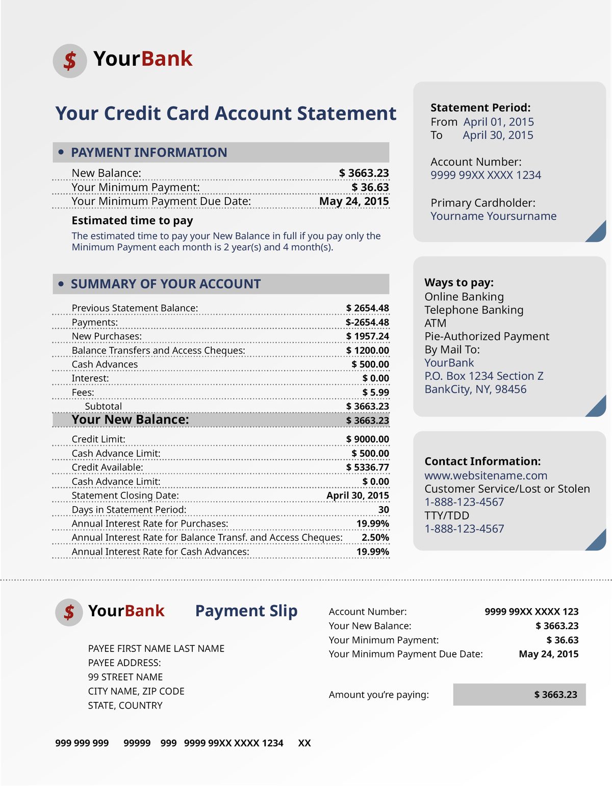 A snapshot of a bank statement of an account holder. The statement consists of payment information, a summary of the account, and new balance details. The statement period is from April 01, 2015, to April 30, 2015.