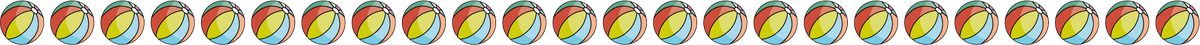 A group of beach balls arranged in 1 long row.