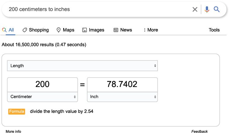 A screenshot of the Google web browser shows 200 centimeters in inches entered in the search bar