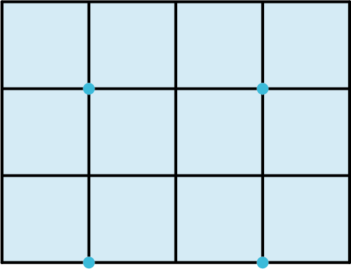 A rectangular grid is made up of three rows of four squares, each. Points are marked at the bottom-right vertices of the first, and third squares in the first row. Points are marked at the bottom-right vertices of the first and third squares in the third row.