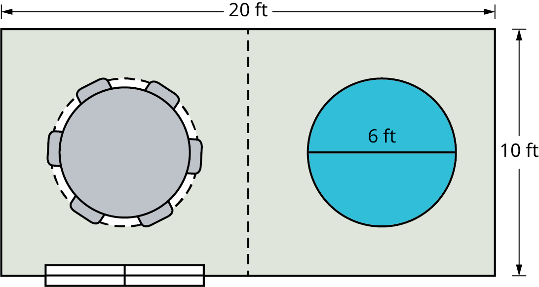 A patio is divided into two equal parts. The length and width of the patio measure 20 feet and 10 feet. The left part of the patio has a table with six chairs. The right part of the patio has a hot tub whose diameter is marked 6 feet.