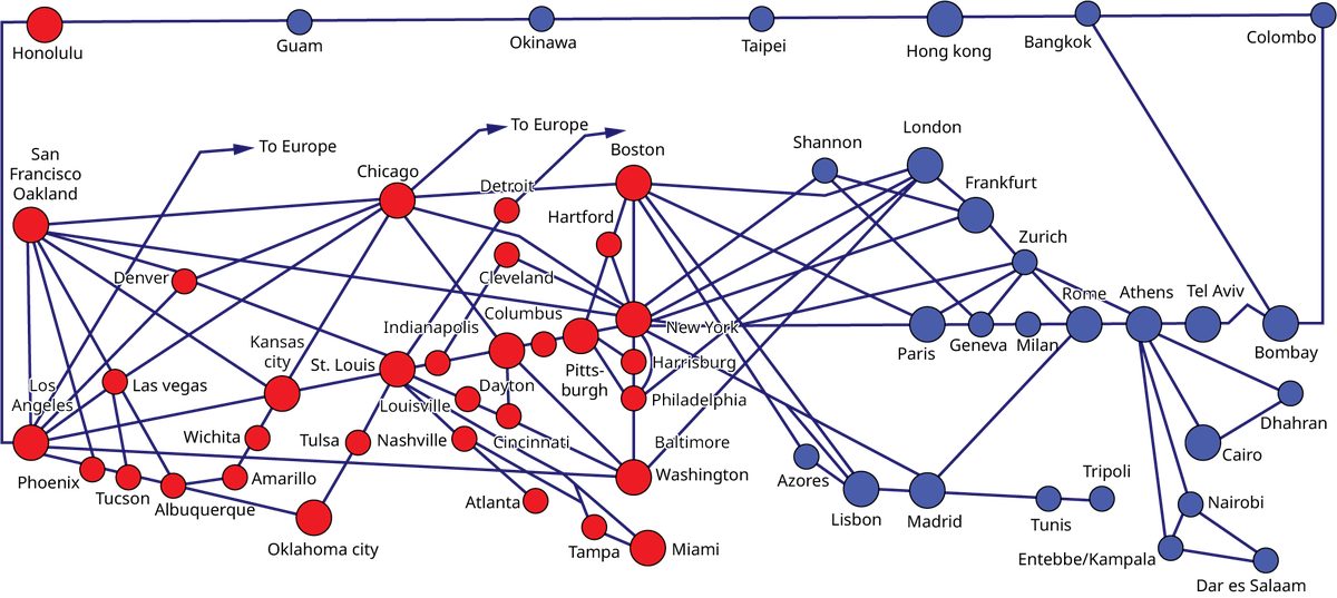 A diagram shows the airline routes. The regions included in the diagram are Honolulu, Guam, Okinawa, Taipei, Hong Kong, Bangkok, Colombo, Bombay, San Francisco Oakland, Los Angeles, Phoenix, Las Vegas, Tucson, Denver, Albu Querque, To Europe, Kansas City, Wichita, Amarillo, Oklahoma City, Chicago, St. Louis, Tulsa, Tampa, Miami, Atlanta, Nashville, Louisville, Cincinnati, Dayton, Indianapolis, Detroit, Boston, Hartford, Cleveland, Columbus, Pittsburgh, New York, Harrisburg, Philadelphia, Baltimore Washington, Paris, Geneva, Milan, Rome, Athens, Shannon, London, Frankfurt, Zurich, Telaviv, Dhahran, Cairo, Nairobi, Tripoli, Azores, Lisbon, Madrid, Tunis, Entebbe/Kampala, and Dar es Salaam.