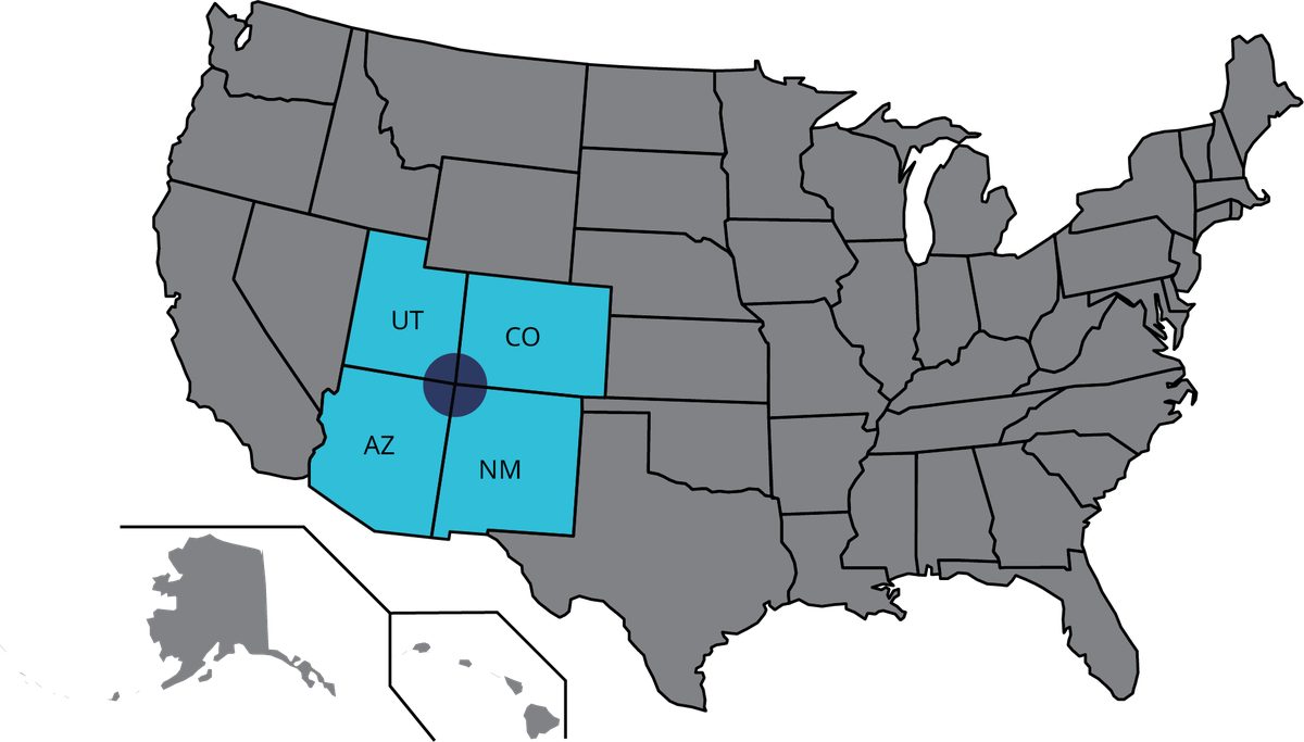 A map of the USA with the four corners region highlighted. It includes Utah, Colorado, Arizona, and New Mexico.