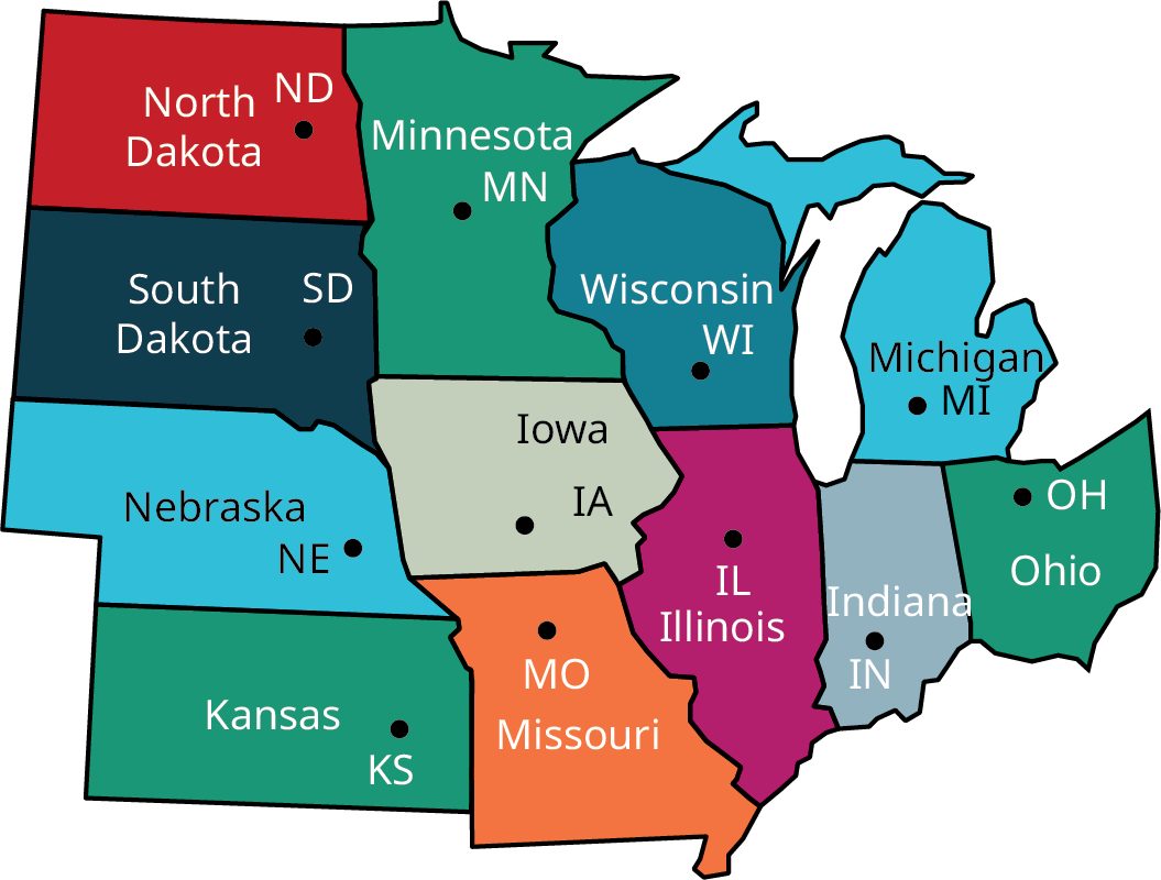 A partial map of the USA with the midwestern states. The Midwestern states are North Dakota (N D), South Dakota (S D), Nebraska (N E), Kansas (K S), Minnesota (M N), Iowa (I A), Missouri (M O), Wisconsin (W I), Illinois (I L), Indiana (I N), Michigan (M I), and Ohio (O H).