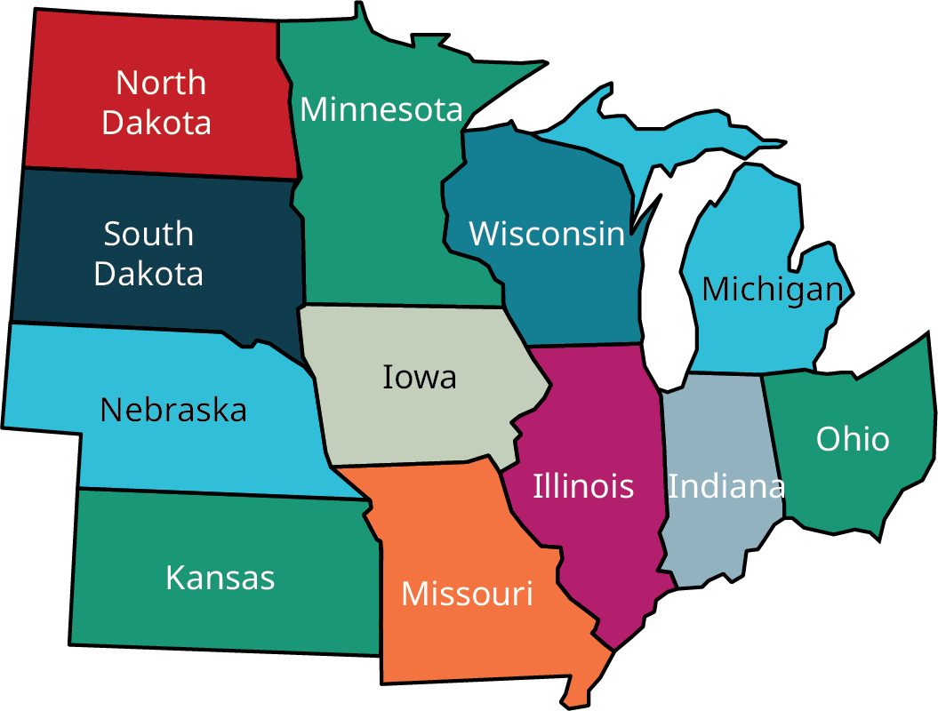 A partial map of the USA with midwestern states. The Midwestern states are North Dakota, South Dakota, Nebraska, Kansas, Minnesota, Iowa, Missouri, Wisconsin, Illinois, Indiana, Michigan, and Ohio.