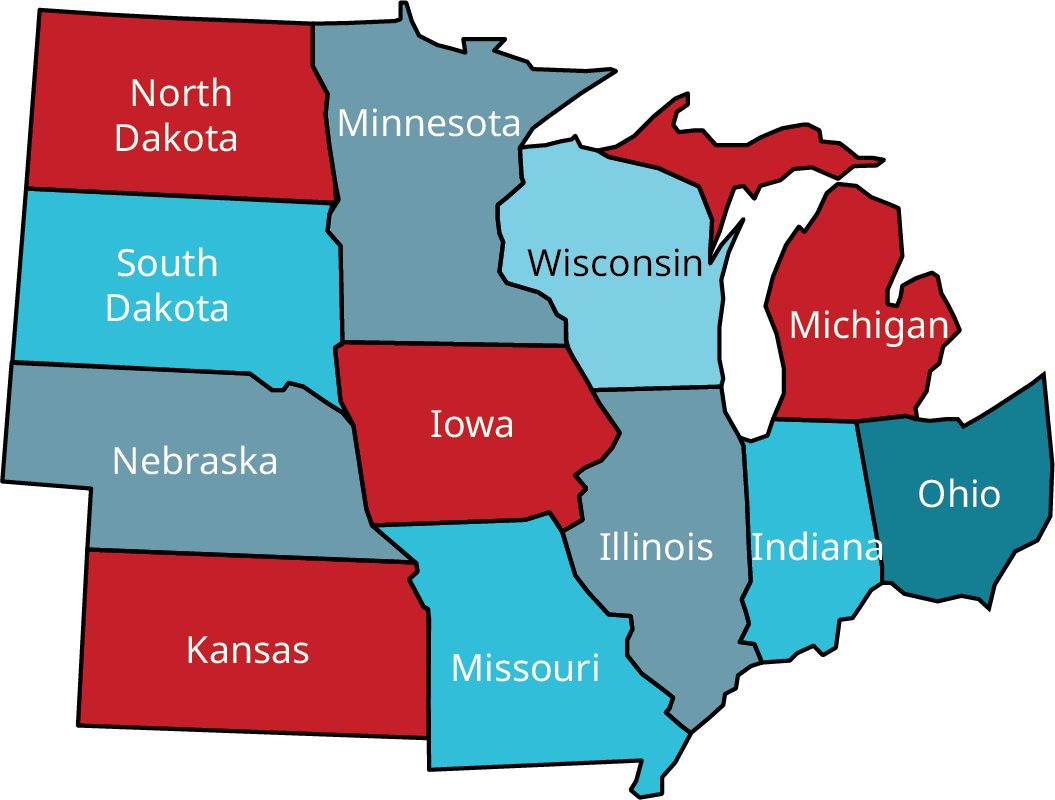 A partial map of the USA with midwestern states. The Midwestern states are North Dakota, South Dakota, Nebraska, Kansas, Minnesota, Iowa, Missouri, Wisconsin, Illinois, Indiana, Michigan, and Ohio. North Dakota, Kansas, Iowa, and Michigan are in red. South Dakota, Missouri, Wisconsin, and Indiana are in blue. Nebraska, Minnesota, Illinois, and Ohio are in purple.