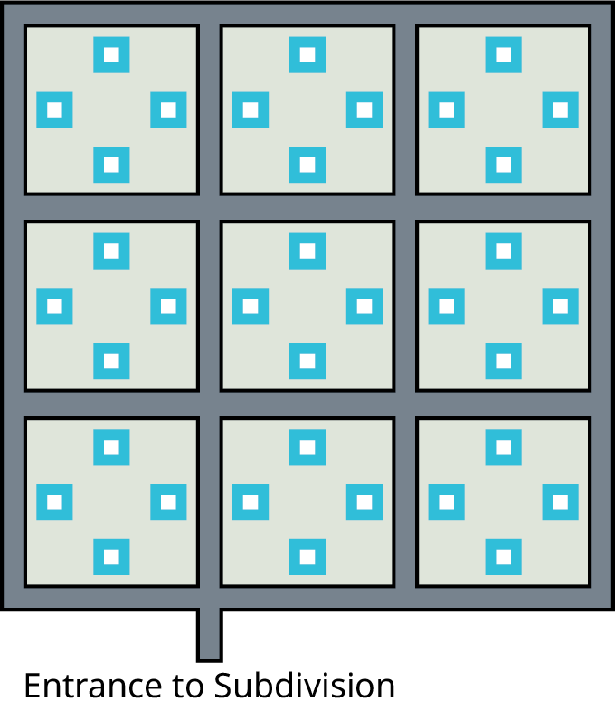 A map of a subdivision. The map has nine sections. Each section has four blocks. The entrance to the subdivision is at the bottom.