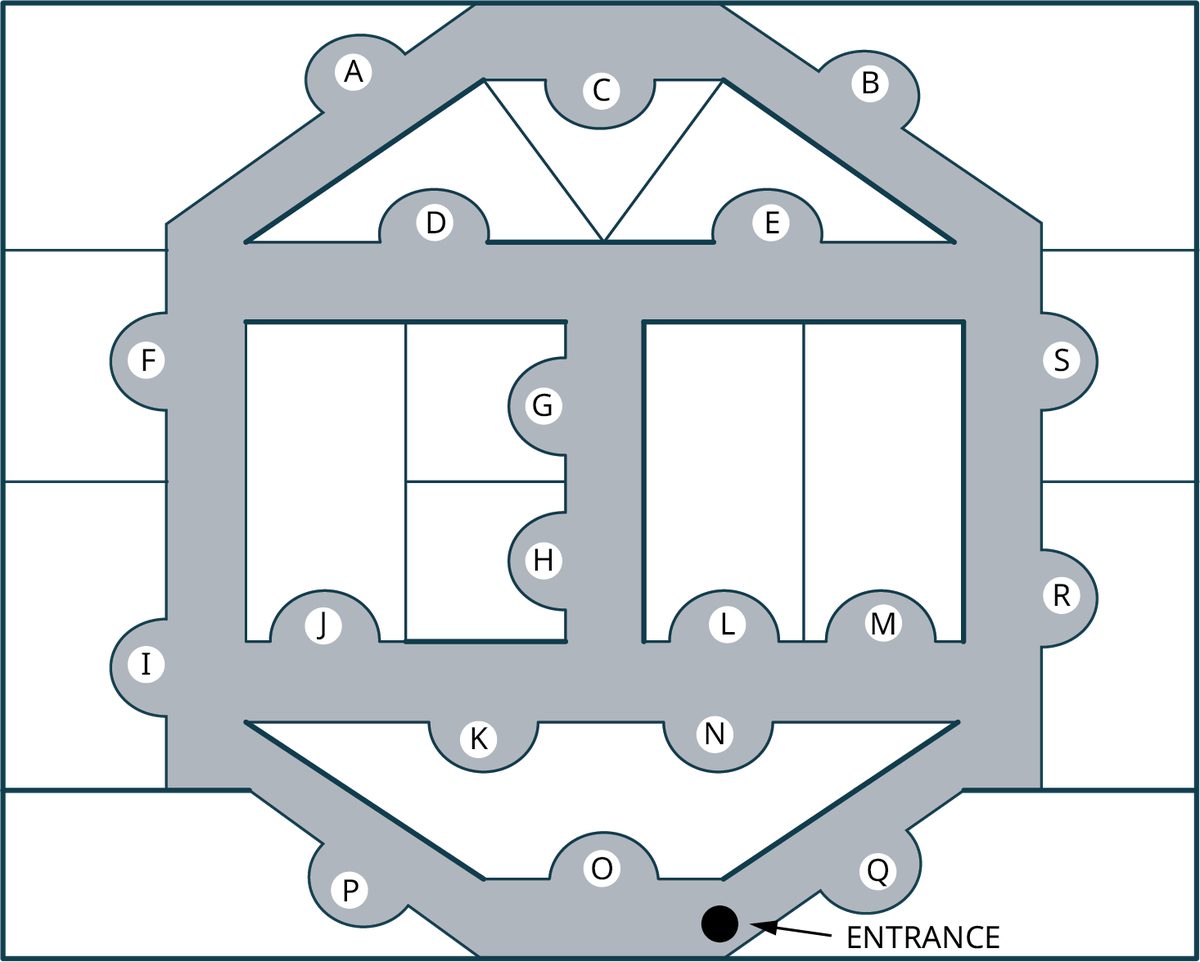A map of aquarium exhibits. The vertices are labeled A to S. The entrance is at the bottom.