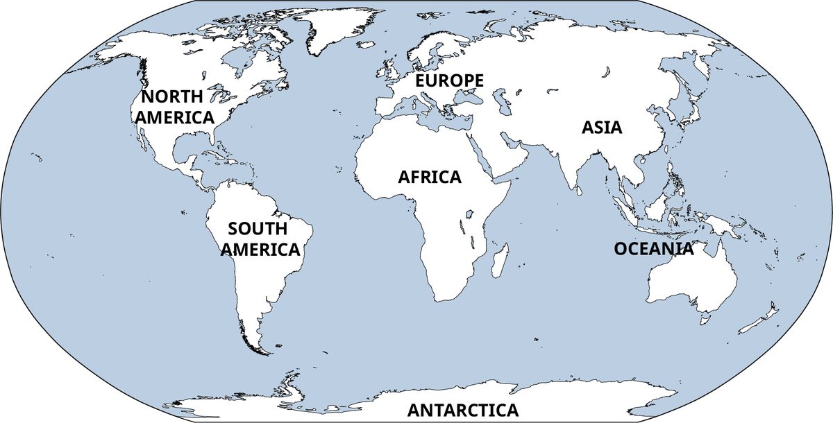 A map of the world continents. The continents are North America, South America, Europe, Asia, Africa, Oceania, and Antarctica.