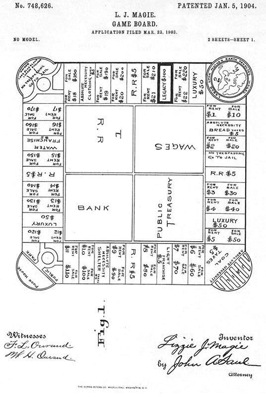 The patent for Landloard's Game shows a sketch drawing of the game board.