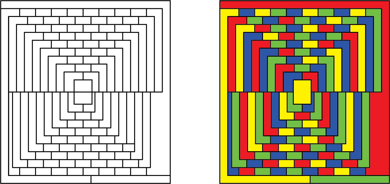 Two figures. The first figure shows a rectangle divided into several small blocks. The second figure is the same as that of the first figure with the addition that the blocks are shaded in 4 different colors.