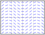 Slope field of blue dashes identical down every column, oscillating about two cycles across the width: horizontal at the centre and a quarter in from each edge, with slopes shallow throughout.