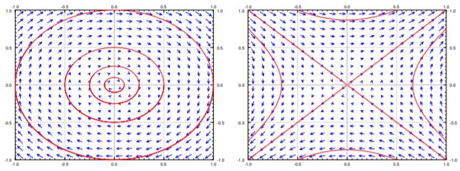 Phase diagrams at the critical points (0,0), ellipses, and (1,0), hyperbolas, of x'=y, y'=-x+x^2.