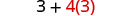 A mathematical expression '3 + 4(3)' is displayed, where the '4(3)' part is highlighted in red, indicating a multiplication operation to be performed before addition according to order of operations.