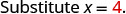 The text 'Substitute x = 4.' is shown, with the number 4 highlighted in red.