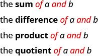 Four phrases are shown. The first reads “the sum of a and b”, where the words “of” and “and” are written in red. The second reads “the difference of a and b”, where the words “of” and “and” are written in red. The third reads “the product of a and b”, where the words “of” and “and” are written in red. The fourth reads “the quotient of a and b”, where the words “of” and “and” are written in red.