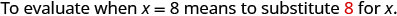 The image states that to evaluate an expression when x = 8 means to substitute the number 8 in place of the variable x.