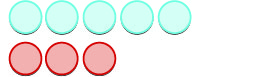 Eight circles are arranged in two rows on a white background. The top row contains five light blue circles, and the bottom row has three red circles.