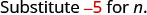 The image displays mathematical instructions, reading 'Substitute -5 for n.' The text is rendered in a black sans-serif font against a white background, with the number '-5' highlighted in red.