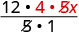 A mathematical expression showing the fraction (12 * 4 * 5x) divided by (5 * 1), with the '5' in the numerator and denominator canceled out.