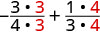 An equation for adding -3/4 and 1/3, showing the fractions multiplied by factors to achieve a common denominator of 12: -(3*3)/(4*3) + (1*4)/(3*4).