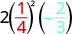 A mathematical expression showing the product of 2, the square of 1/4, and -2/3. The fraction 1/4 is colored red and -2/3 is colored blue, highlighting different parts of the expression.