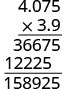 A long multiplication problem showing the calculation of 4.075 multiplied by 3.9. The intermediate products 36675 and 12225 are displayed, summing to 158925, with the final decimal point placement omitted.