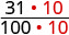 A mathematical expression showing the fraction (31 * 10) / (100 * 10), illustrating the multiplication of both the numerator and denominator by 10, highlighted in red.
