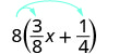 A mathematical expression shows 8 multiplied by the sum of (3/8)x and 1/4, with blue arrows illustrating the distributive property where 8 is multiplied by each term inside the parentheses.