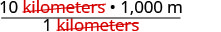 A dimensional analysis problem illustrating the conversion of 10 kilometers to meters. The expression shows 10 kilometers multiplied by (1000 m / 1 kilometer), with the 'kilometers' units cancelled out in red.