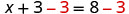 The equation x + 3 - 3 = 8 - 3, demonstrating the step of subtracting 3 from both sides to solve for the variable x, with the subtracted '3's highlighted in red.