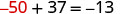 A mathematical equation displays -50 + 37 = -13, with the -50 term highlighted in a red font, making it stand out from the other numbers and symbols which are in a standard gray.