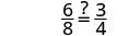 A mathematical expression displaying the fraction 6/8 and 3/4, with a question mark over an equals sign, asking if the two fractions are equivalent. Both fractions are indeed equal.