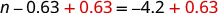 A mathematical equation is displayed, showing 'n - 0.63 + 0.63 = -4.2 + 0.63', with the addition of 0.63 on both sides highlighted in red.