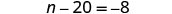 The mathematical equation n - 20 = -8 is displayed in black text on a plain white background.